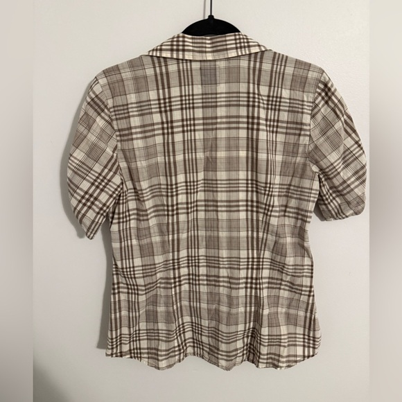 IZOD Women's Beige and Brown Plaid Button Down Shirt - Picture 5 of 5